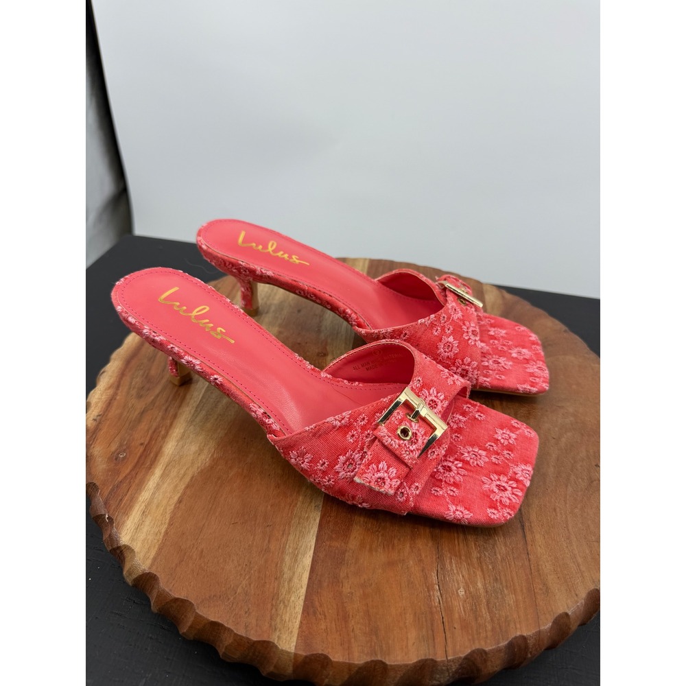 Lulus Floral Embroidered Kitten Heel Mules Women 9 Pink Square Toe Buckle Slides